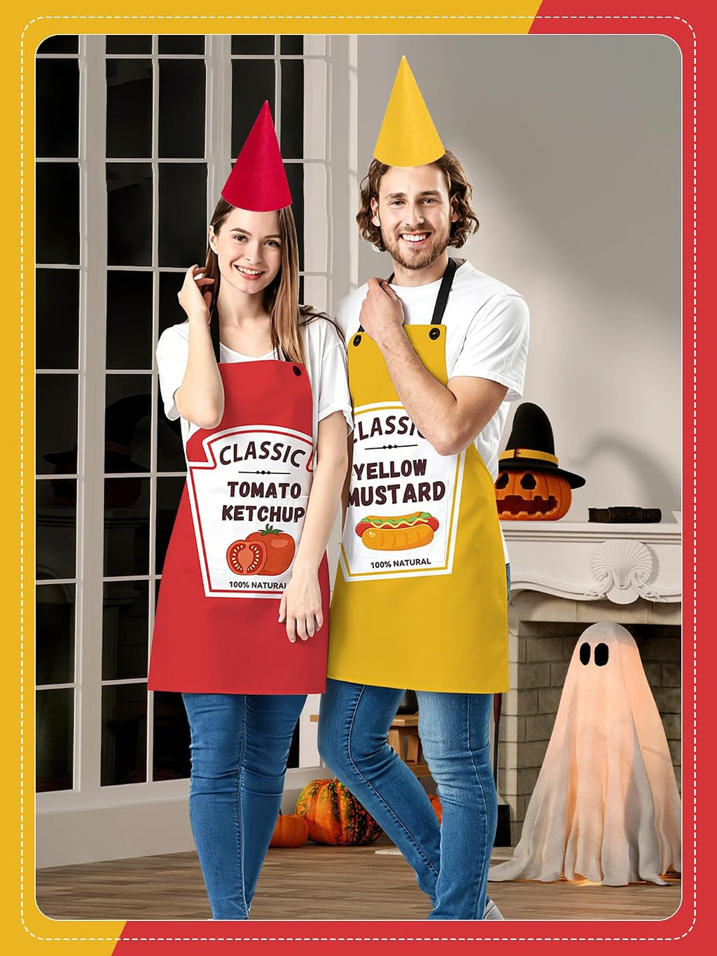 2 Set Ketchup and Mustard Costume Apron Condiment Group Costume | Includes Ketchup and Mustard Aprons Hats for Back