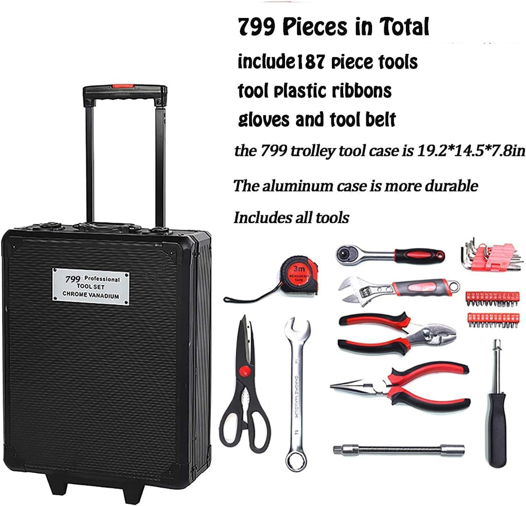 799pcs Aluminum Trolley Case Tool Set Silver, House Repair Kit Set, Household Hand Tool Set, with Tool Belt,Gift on