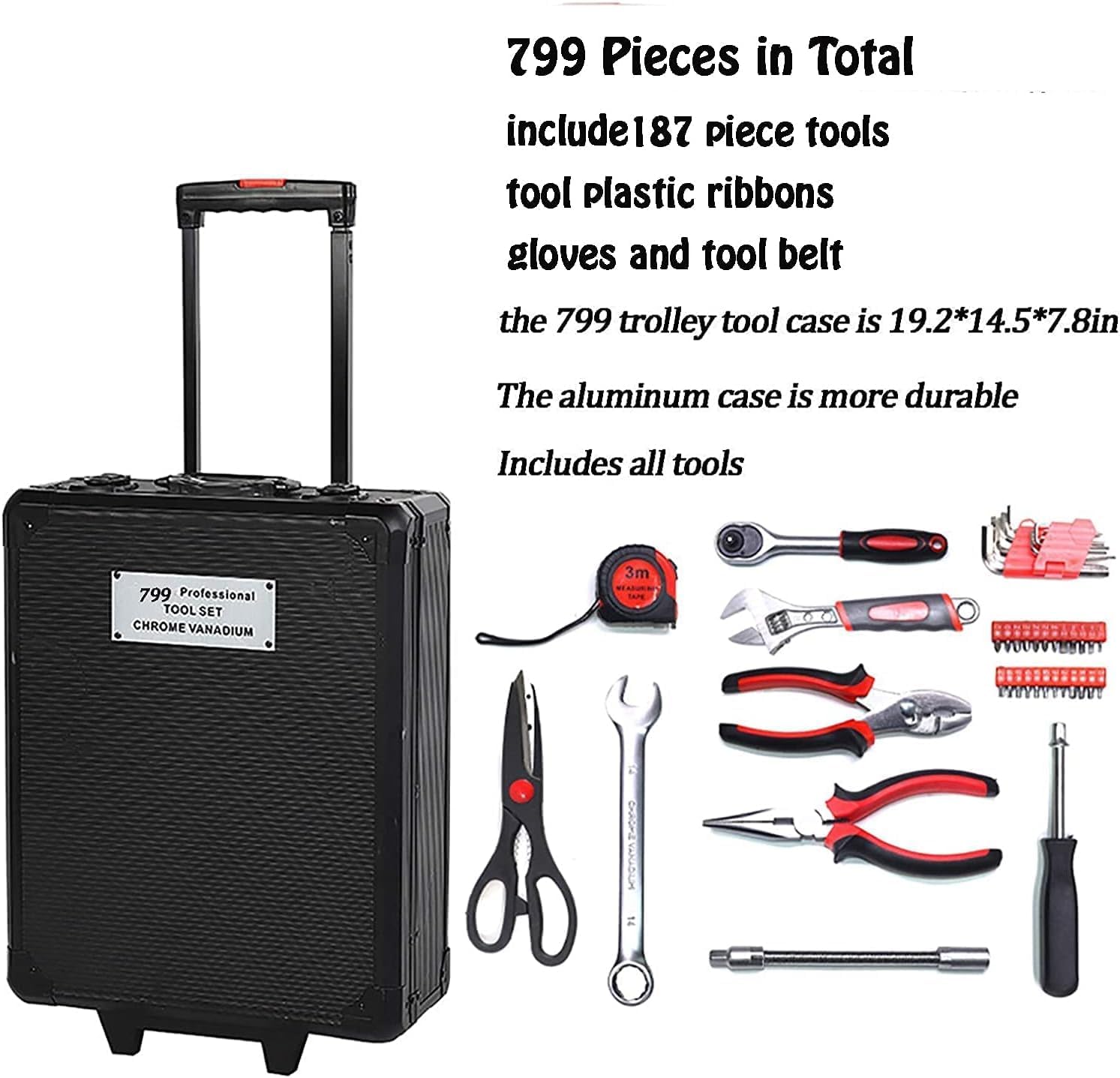 799pcs Aluminum Trolley Case Tool Set Silver, House Repair Kit Set, Household Hand Tool Set, with Tool Belt,Gift on