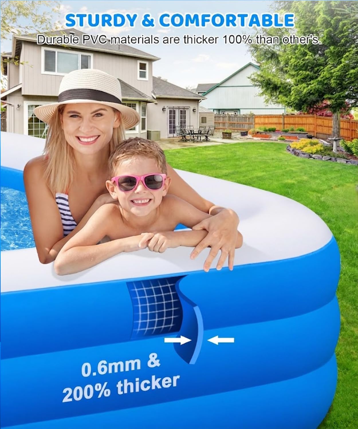 Large Inflatable Pool - 130"×72"×22" Blow Up Pool for Adults and Childrens with Electric Pump, Swimming Pool for