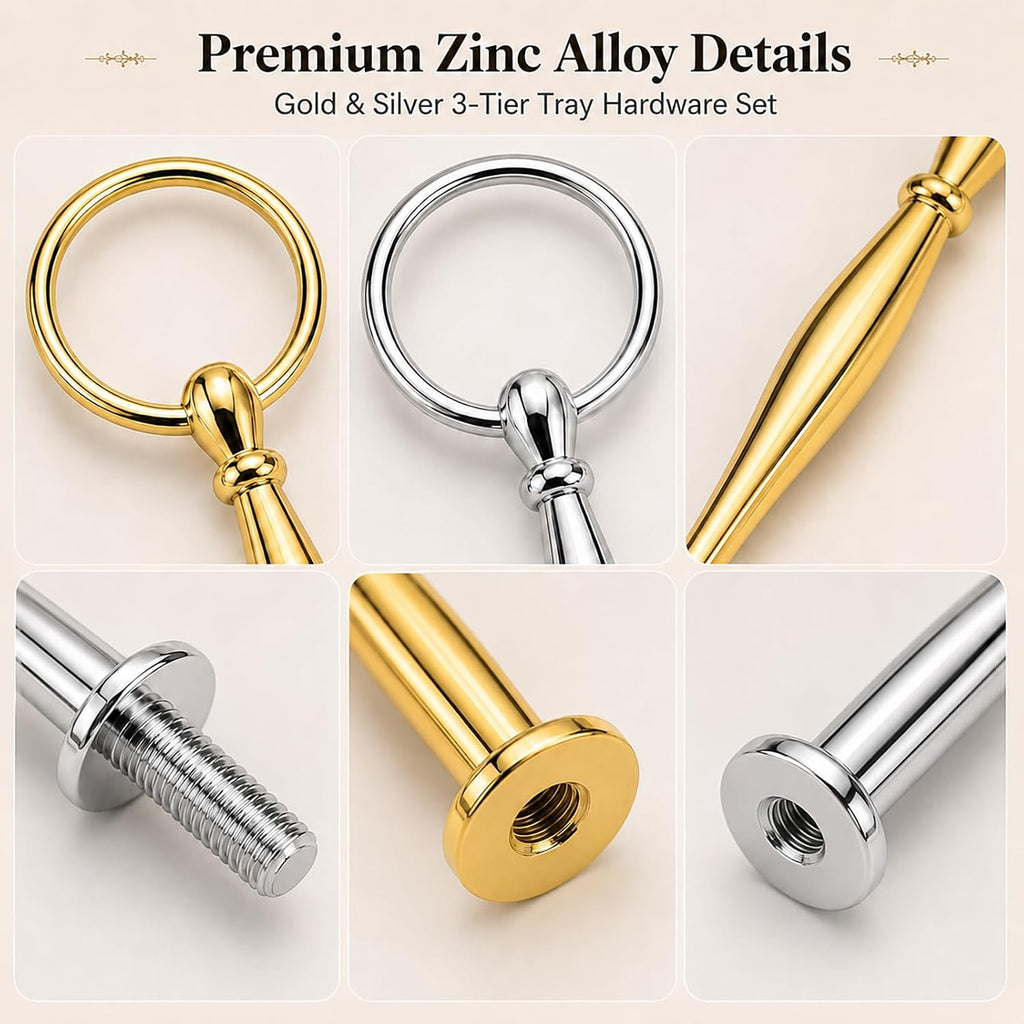 2 Sets 3-Tier Tray Hardware Kits, Vintage Cake Stand Handle Fittings, Heavy Duty Zinc Alloy Rods with Screws &
