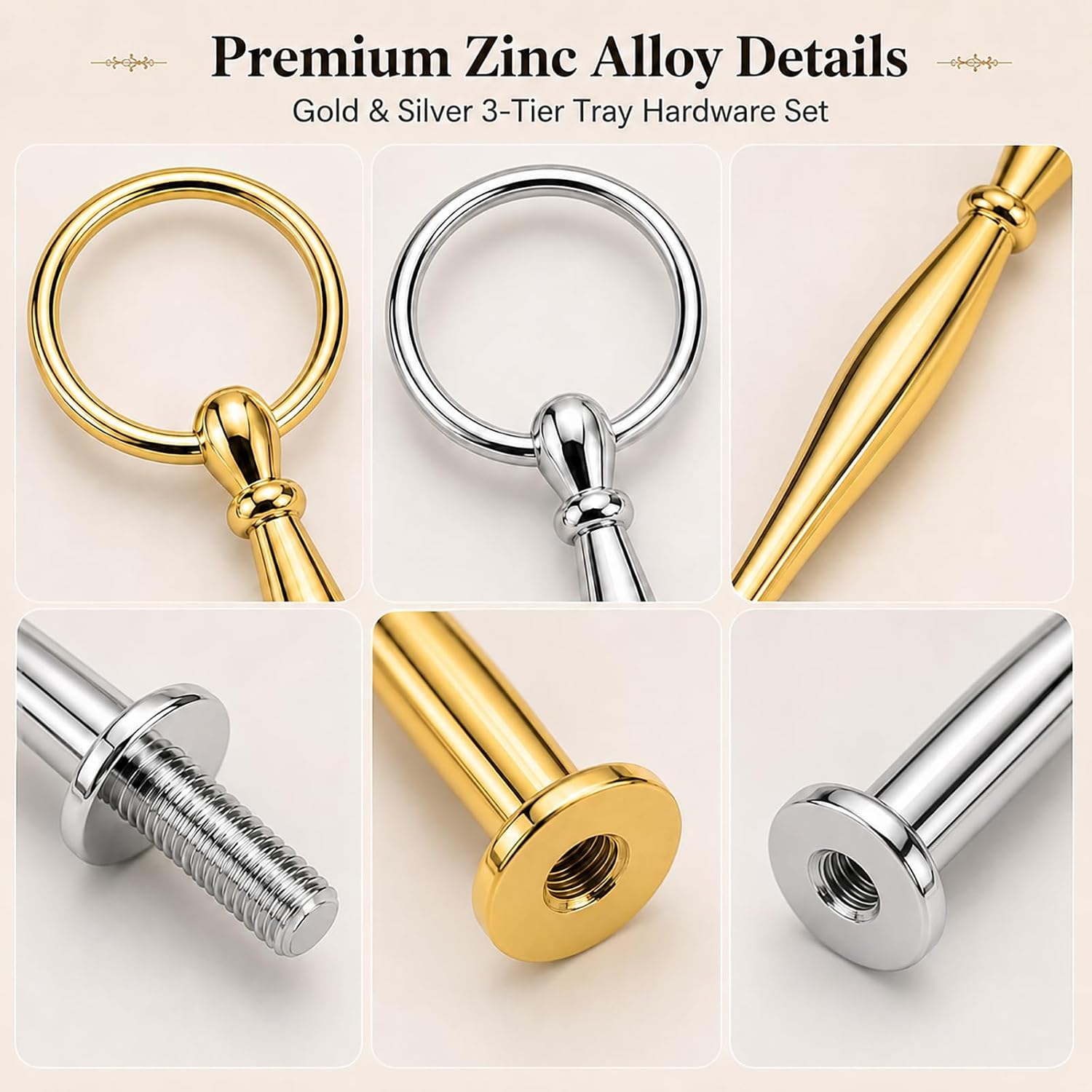 2 Sets 3-Tier Tray Hardware Kits, Vintage Cake Stand Handle Fittings, Heavy Duty Zinc Alloy Rods with Screws &