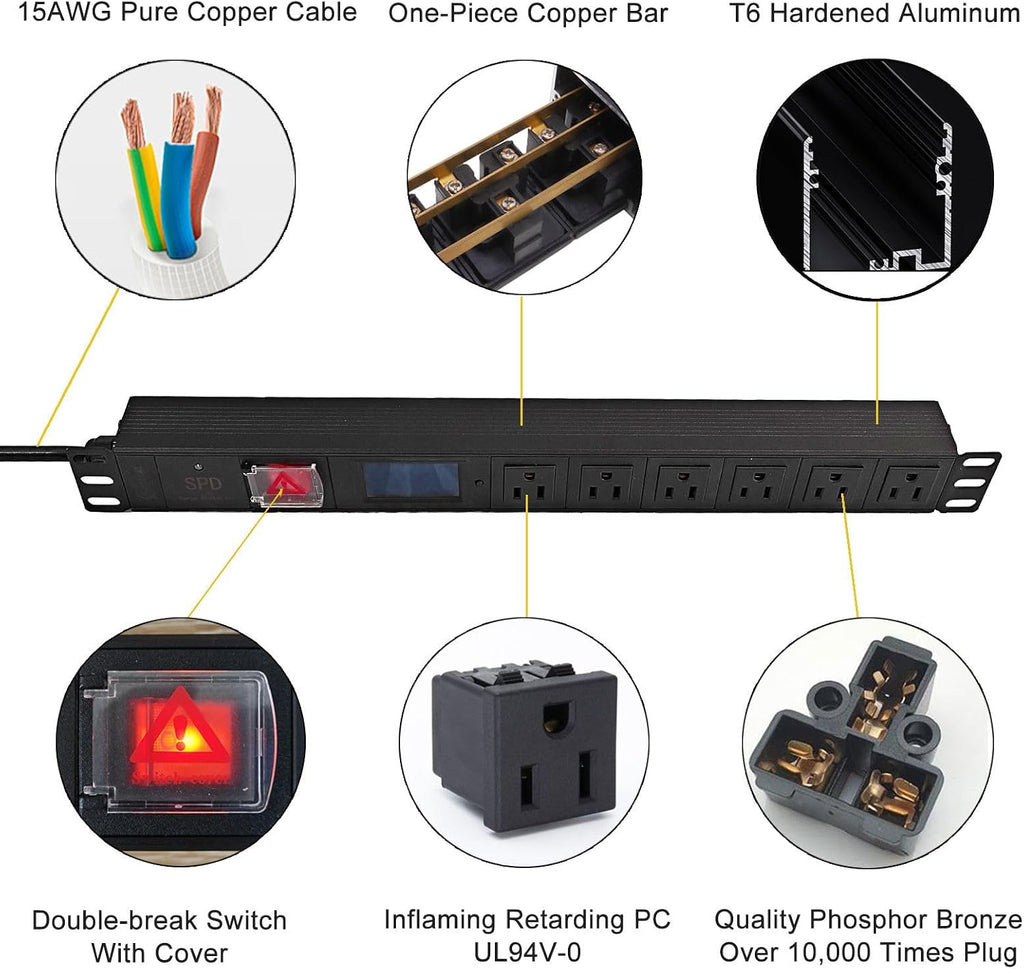 19 inch 1U 6-Outlet NEMA 5-15R Rack Mount PDU with Power Meter 110-250V 15A