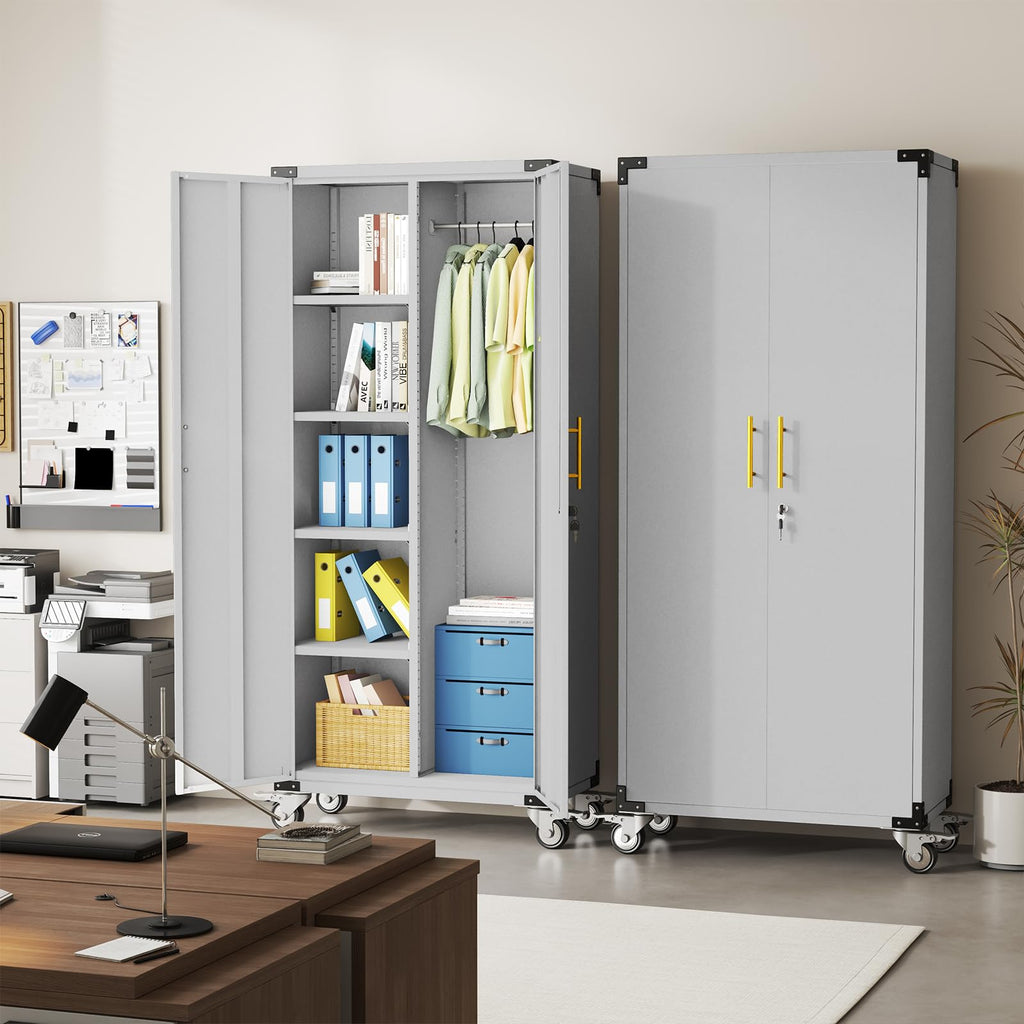 71" Rolling Lockable Metal Broom Closet Storage Cabinet, Grey White