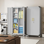71" Rolling Lockable Metal Broom Closet Storage Cabinet, Grey White