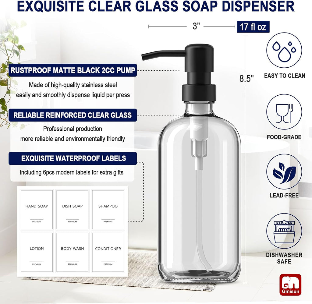 Glass Soap Dispenser with Pump, 2 Pack Clear Bathroom Hand Soap Dispenser with Stainless Steel Pump, 17 Fl Oz