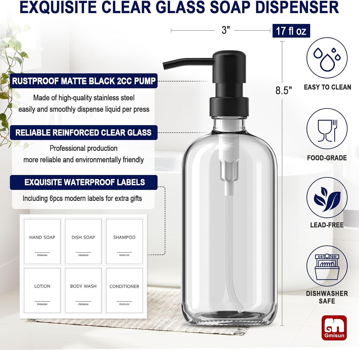 Glass Soap Dispenser with Pump, 2 Pack Clear Bathroom Hand Soap Dispenser with Stainless Steel Pump, 17 Fl Oz