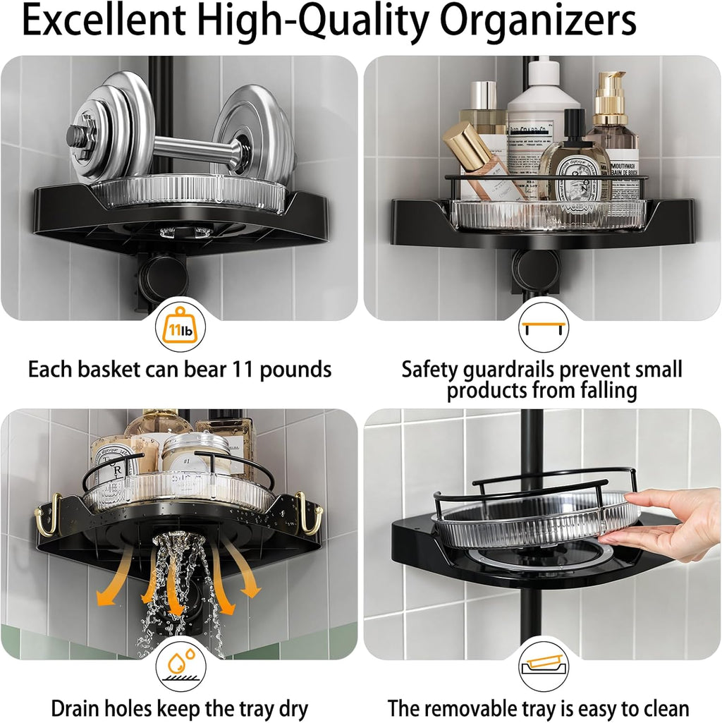 360° Rotating Corner Shower Caddy Tension Pole Organizer (Black) | 4-Tier rotating shelves with hooks, adjustable
