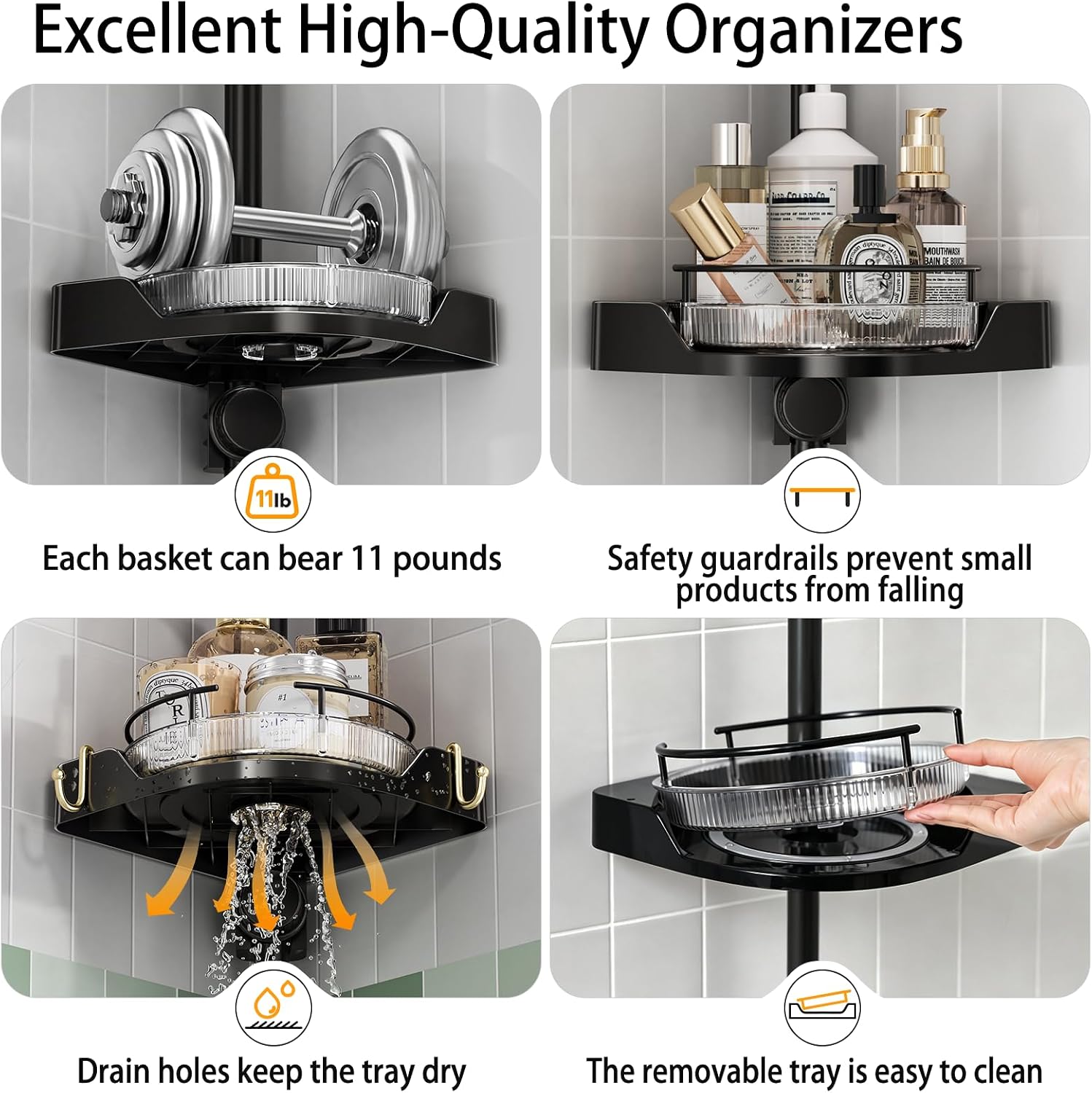 360° Rotating Corner Shower Caddy Tension Pole Organizer (Black) | 4-Tier rotating shelves with hooks, adjustable