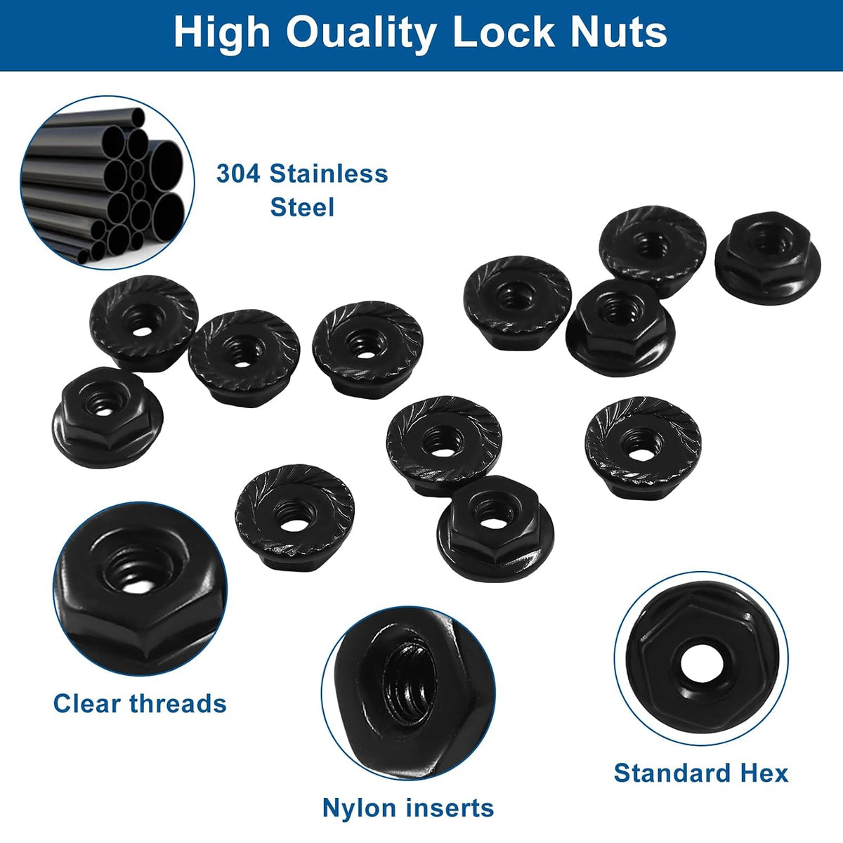Jiozermi 6-32 Serrated Flange Hex Lock Nuts, Black, 50PCS
