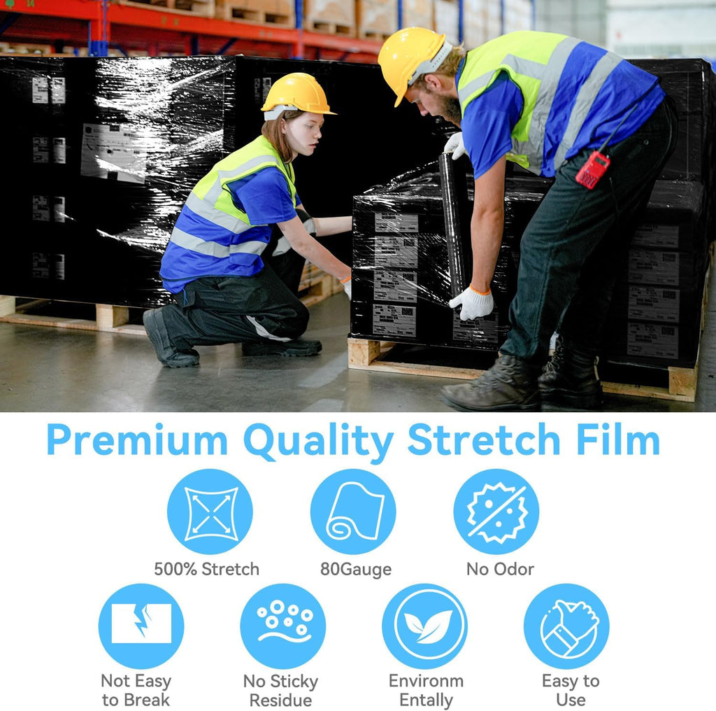 18" Black Plastic Shrink Wrap Roll for Moving, Furniture Wrapping, 1500 Feet, 80 Gauge, 500% Stretch, Industrial