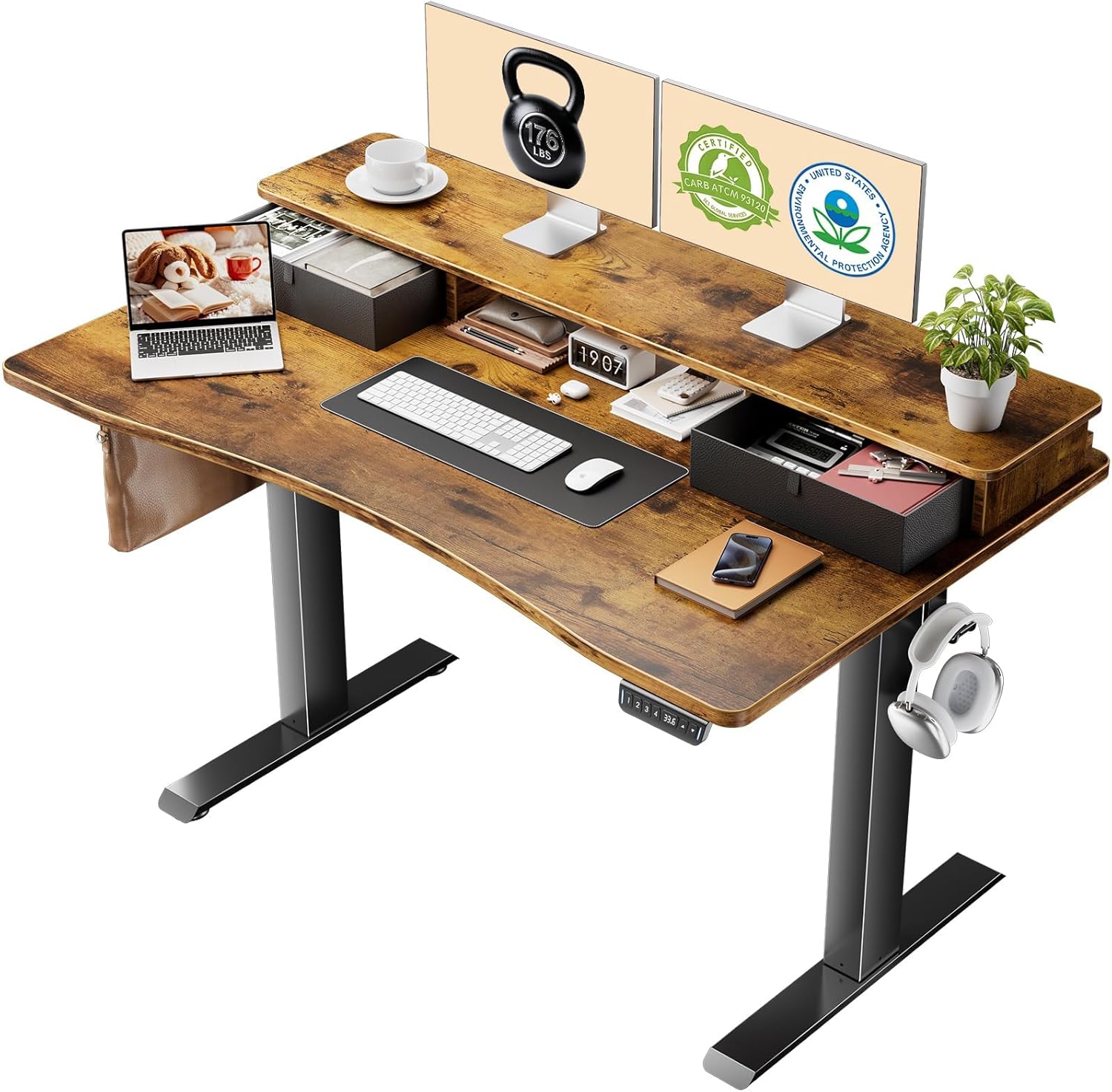 47.2"×27.6" Standing Desk with Storage Drawers, Adjustable Height Computer Table with Monitor Shelf, Home Office Desk