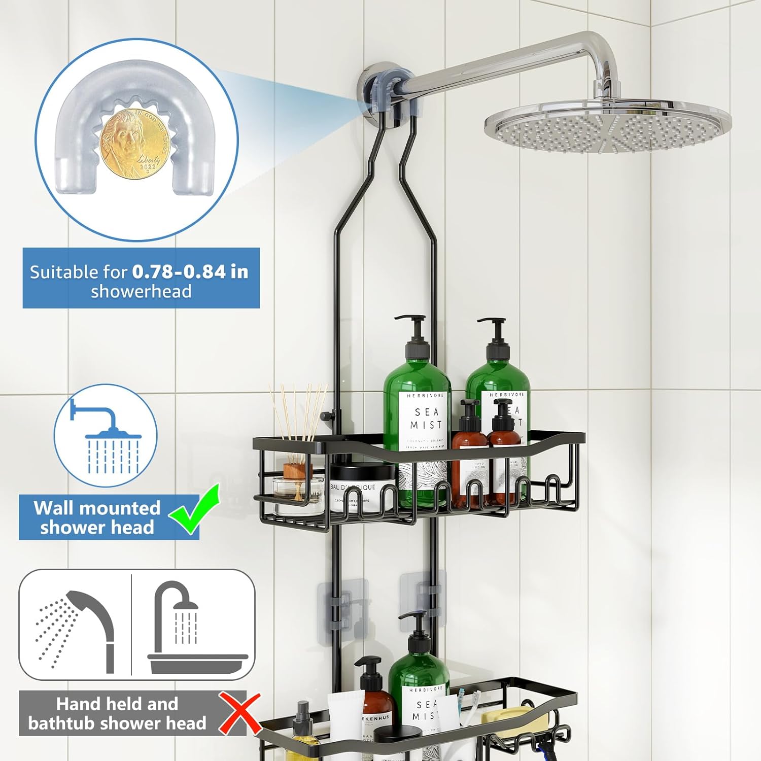 Upgraded Extended Length Shower Organizer with Hooks, Rustproof Shampoo Soap Holder, Large Hanging Bathroom Caddy