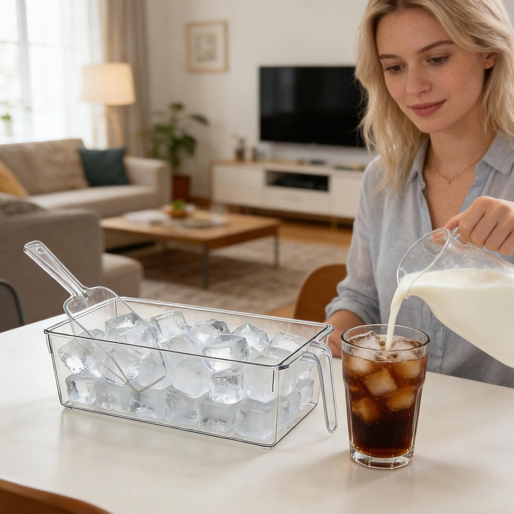 2 Set Ice Bin for Freezer with Lid and 2 Scoop Set Plastic Freezer Ice Bin with Pull-Out Handle Clear Storage Bucket