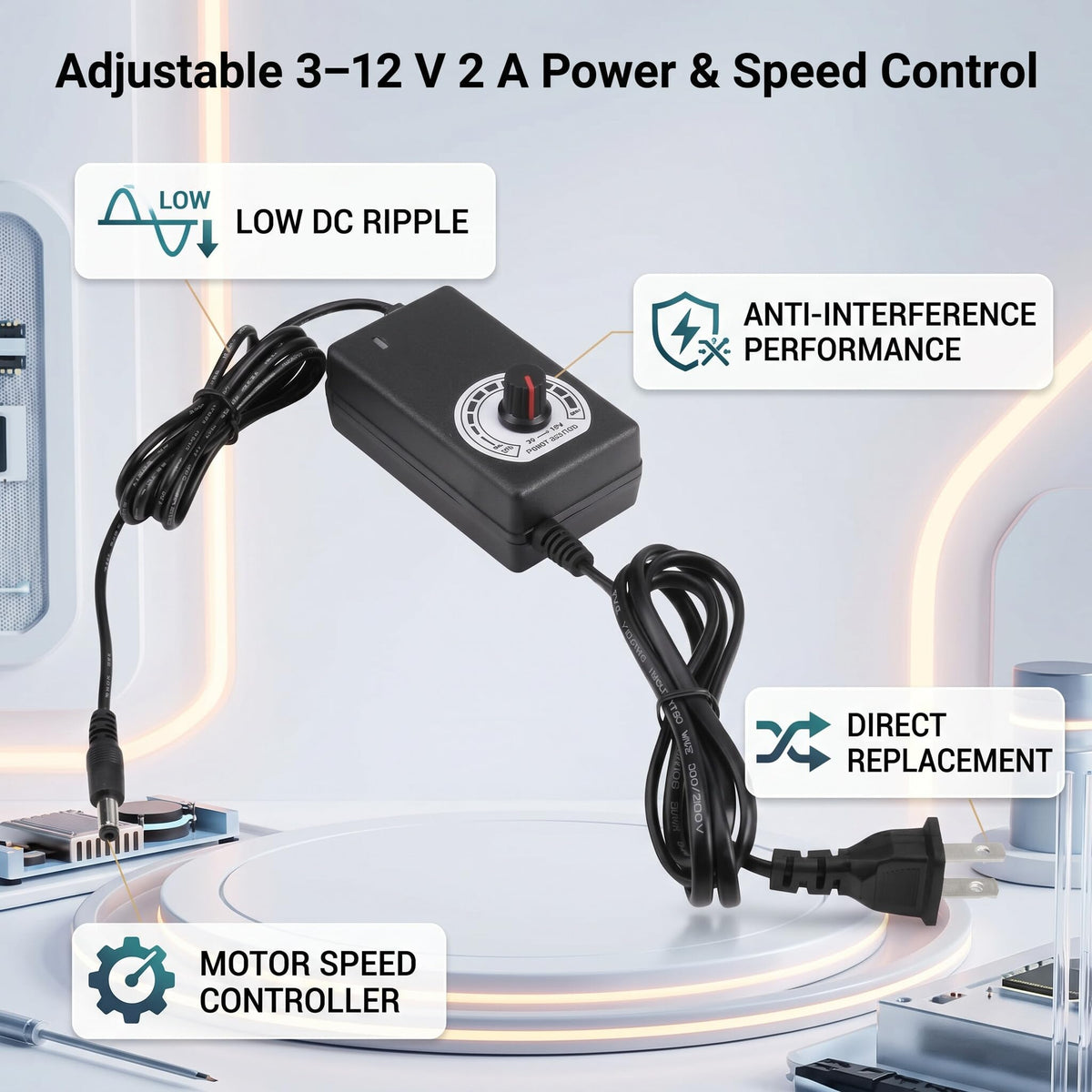 AC to DC Adapter Converter 3-12V 2A Adjustable Power Supply Motor Speed Controller with US Plug