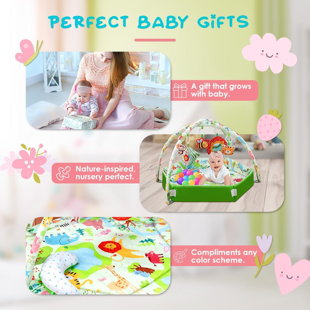 Baby Play Mat,Tummy Time Mat with 6 Detachable Toys-Activity Gym for Visual, Auditory & Motor Development-Washable