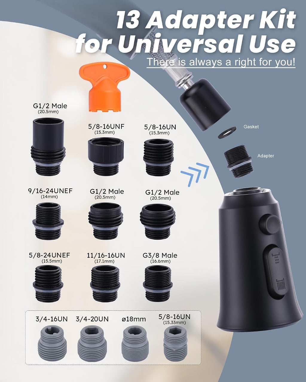 Kitchen Faucet Head Replacement, 3 Function Pull Down Faucet Sprayer Head with 13 Adapters, Matte Black Kitchen