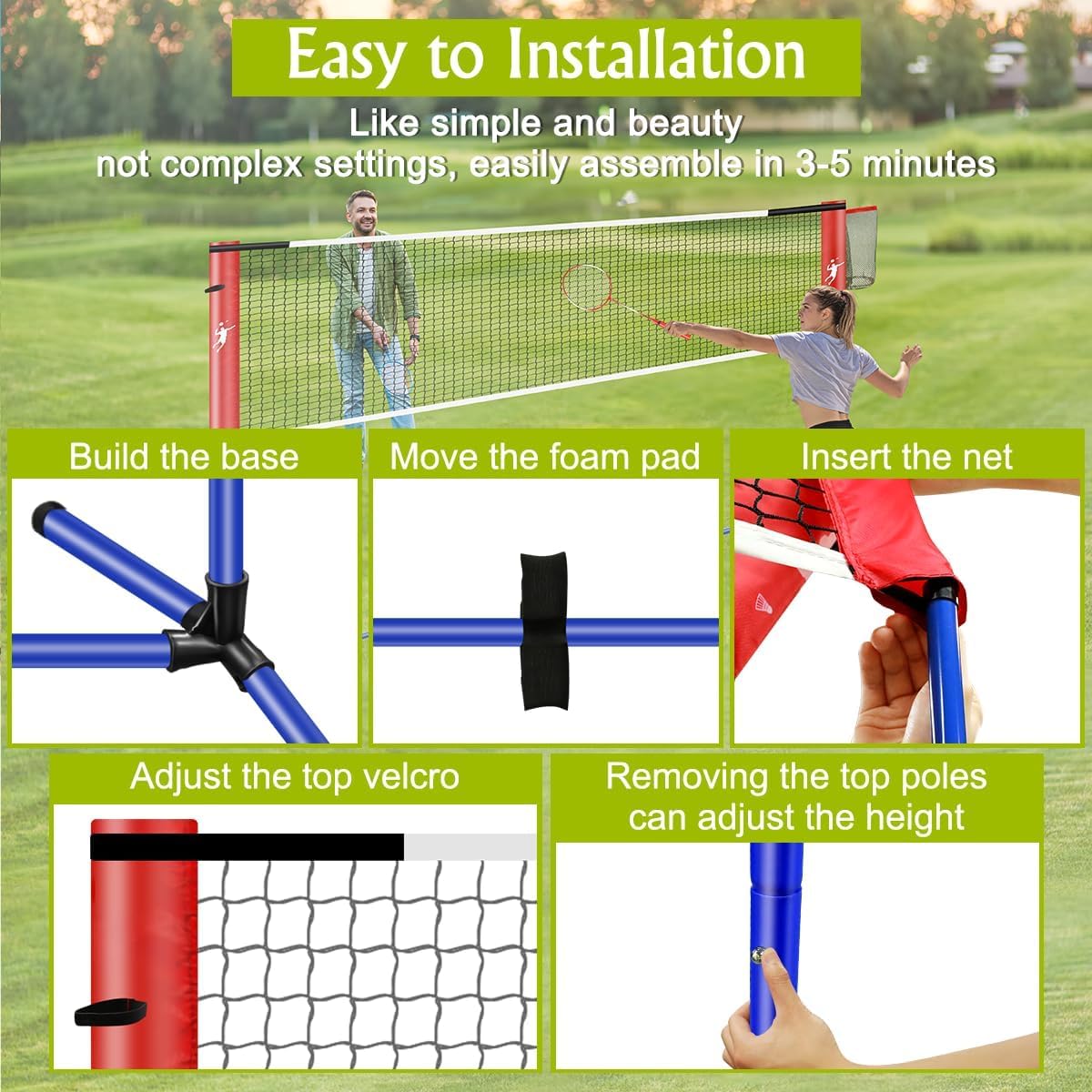 Pickleball Badminton Net Set for Backyards, All-in-One Portable Volleyball Combo Set with Adjustable Net, Volleyball