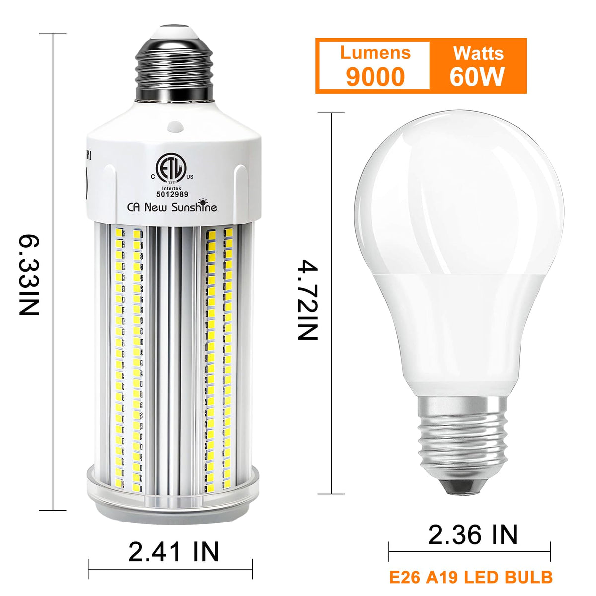 2 Pack 600W Equivalent LED Corn Light Bulb 9000 Lumen 5000K 60W Large Area Daylight White E26/E27 Medium Base for