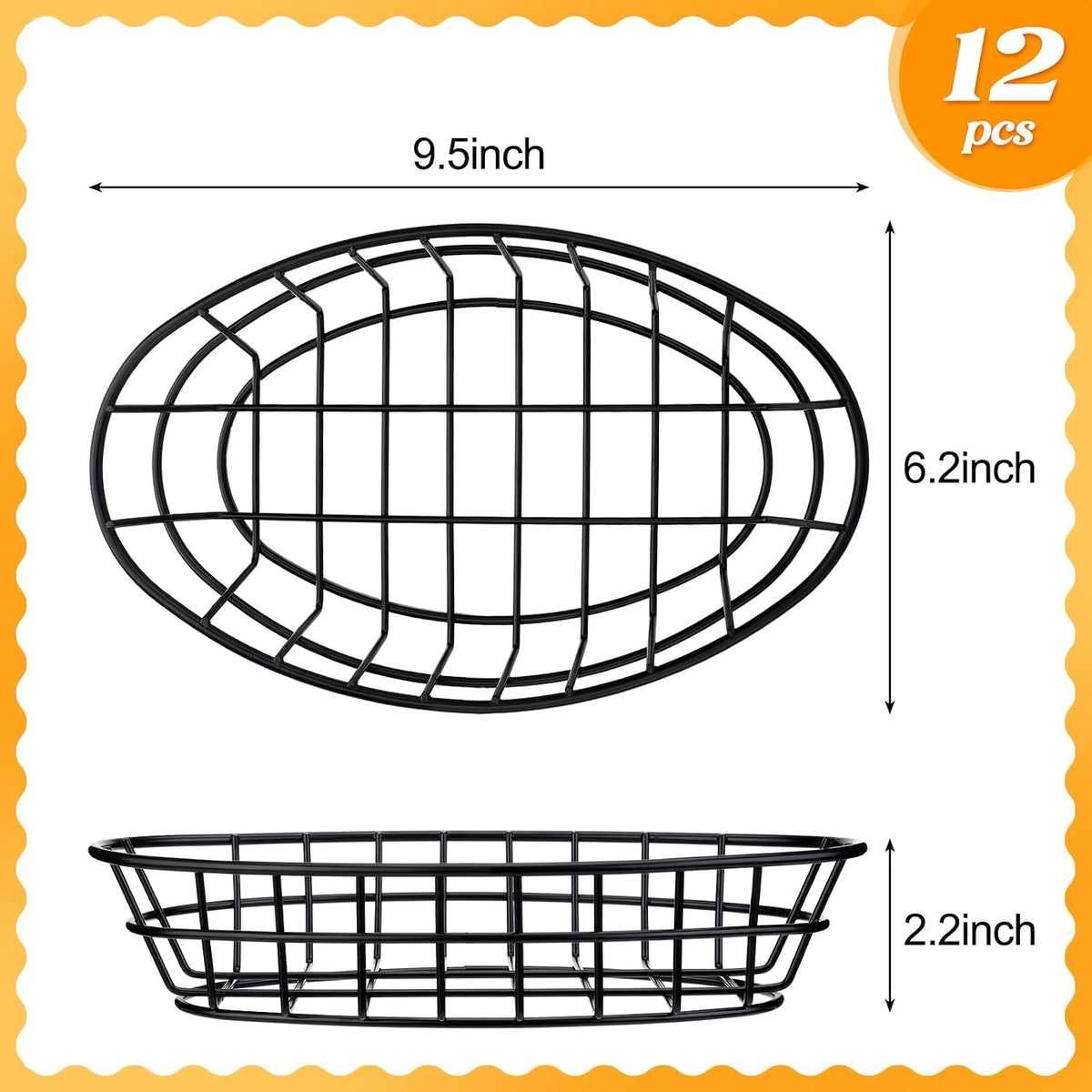 12 Pcs Wire Fast Food Baskets Bulk, Bread Chip Basket, Black Oval