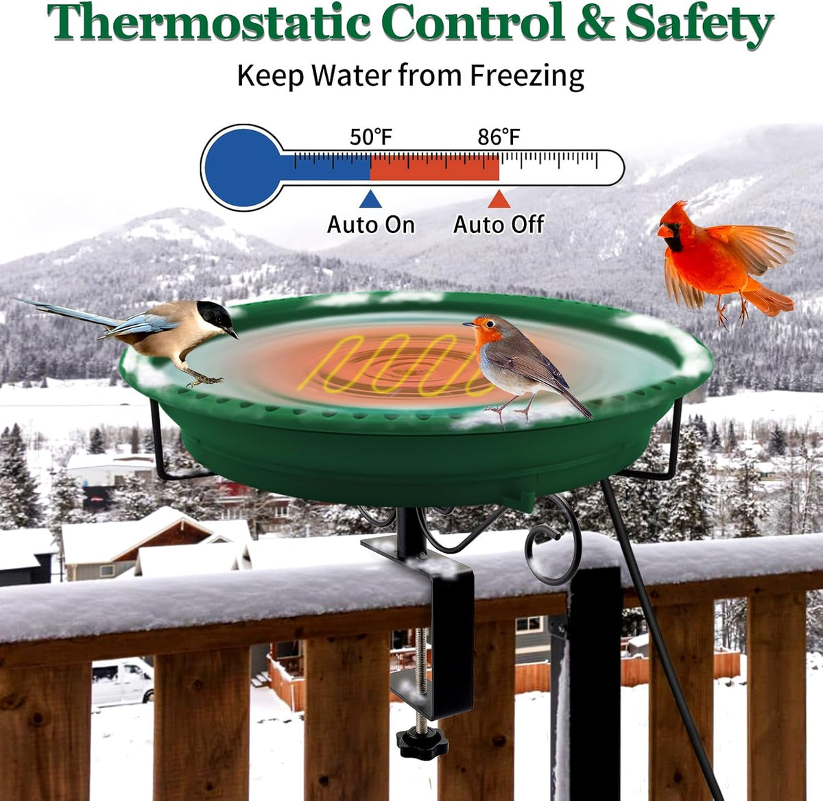 Heated Bird Bath for Outdoors Deck Railing, 100W Heated Birdbath, Green