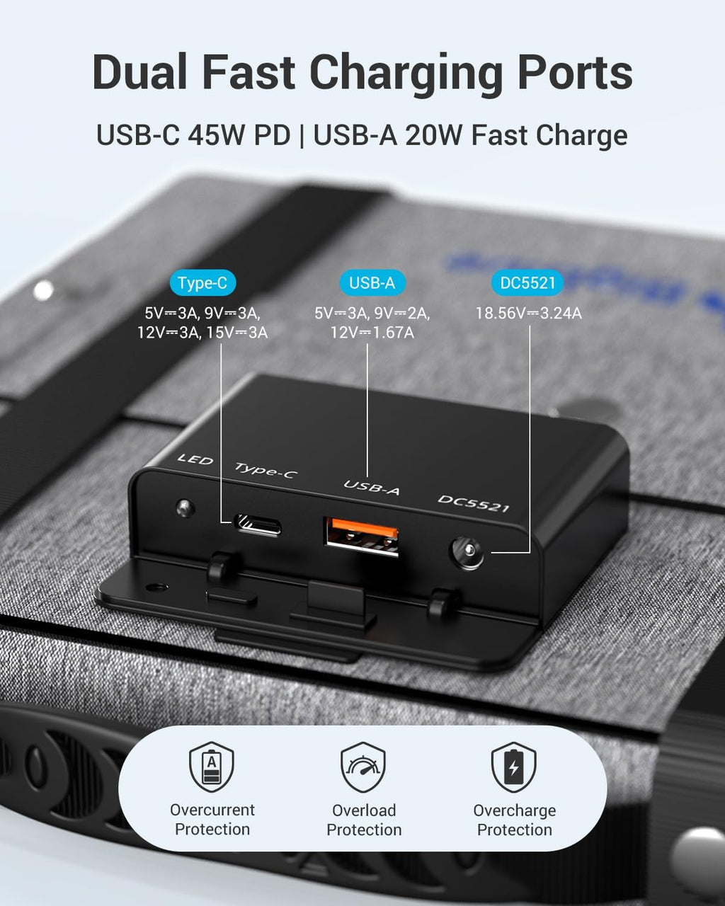 60W Portable Solar Panels with PD 45W USB-C, 20W USB-A, DC Outputs | Built-in Kickstand, IP68 Waterproof, Folding