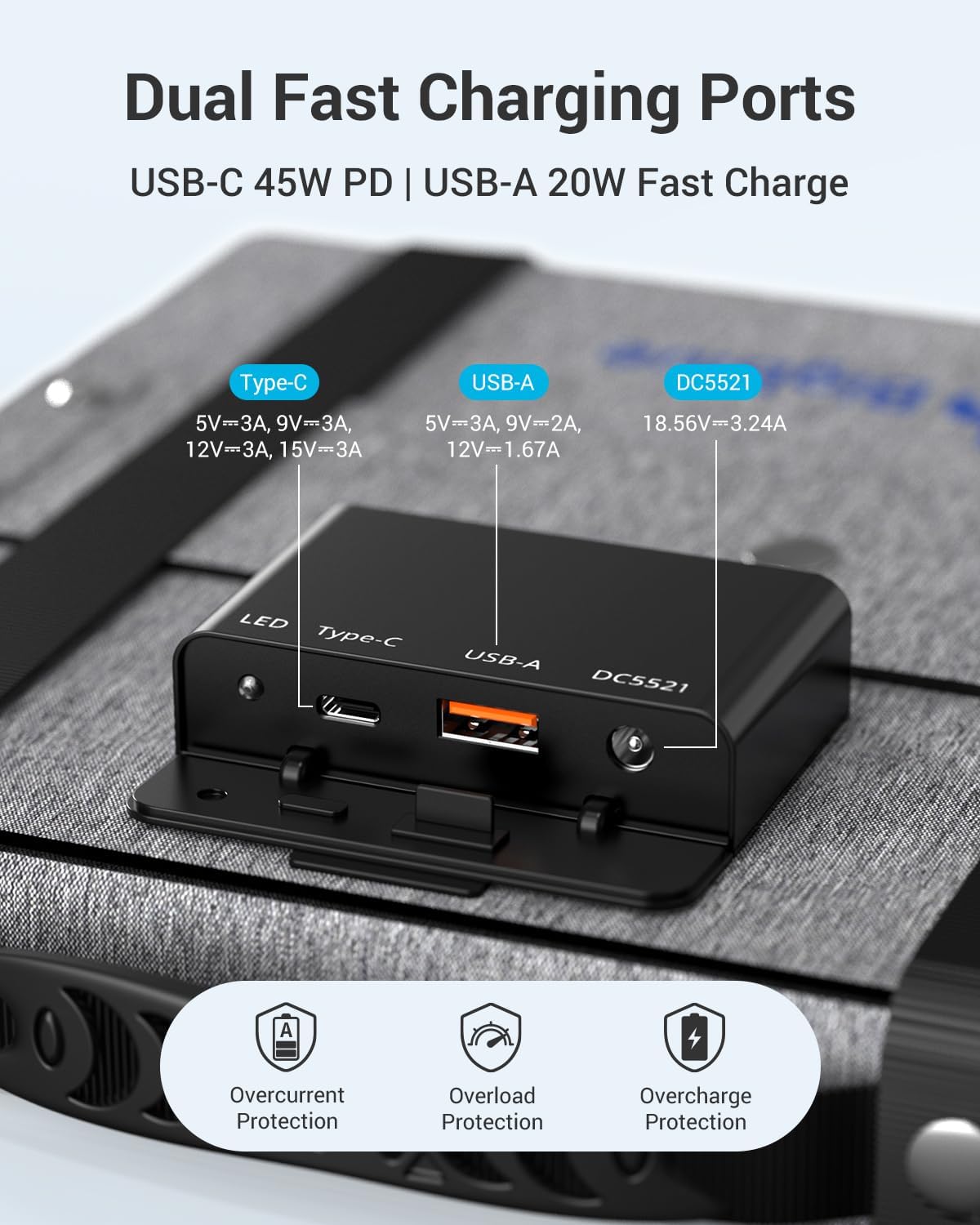 60W Portable Solar Panels with PD 45W USB-C, 20W USB-A, DC Outputs | Built-in Kickstand, IP68 Waterproof, Folding
