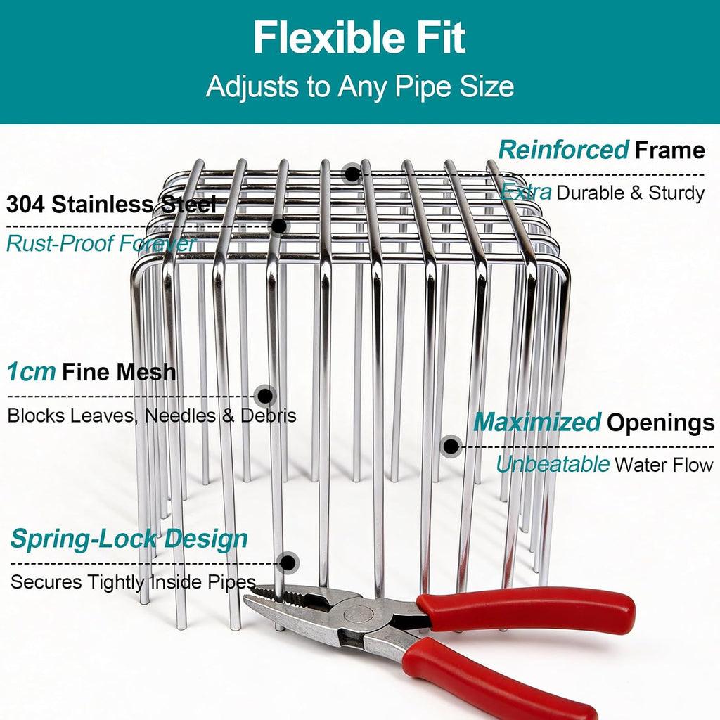 Adjustable Gutter Guard 304 Stainless Steel, Downspout Cover 3.5" L × 2.6" W × 3.9" H - Downspout Filter & Extension