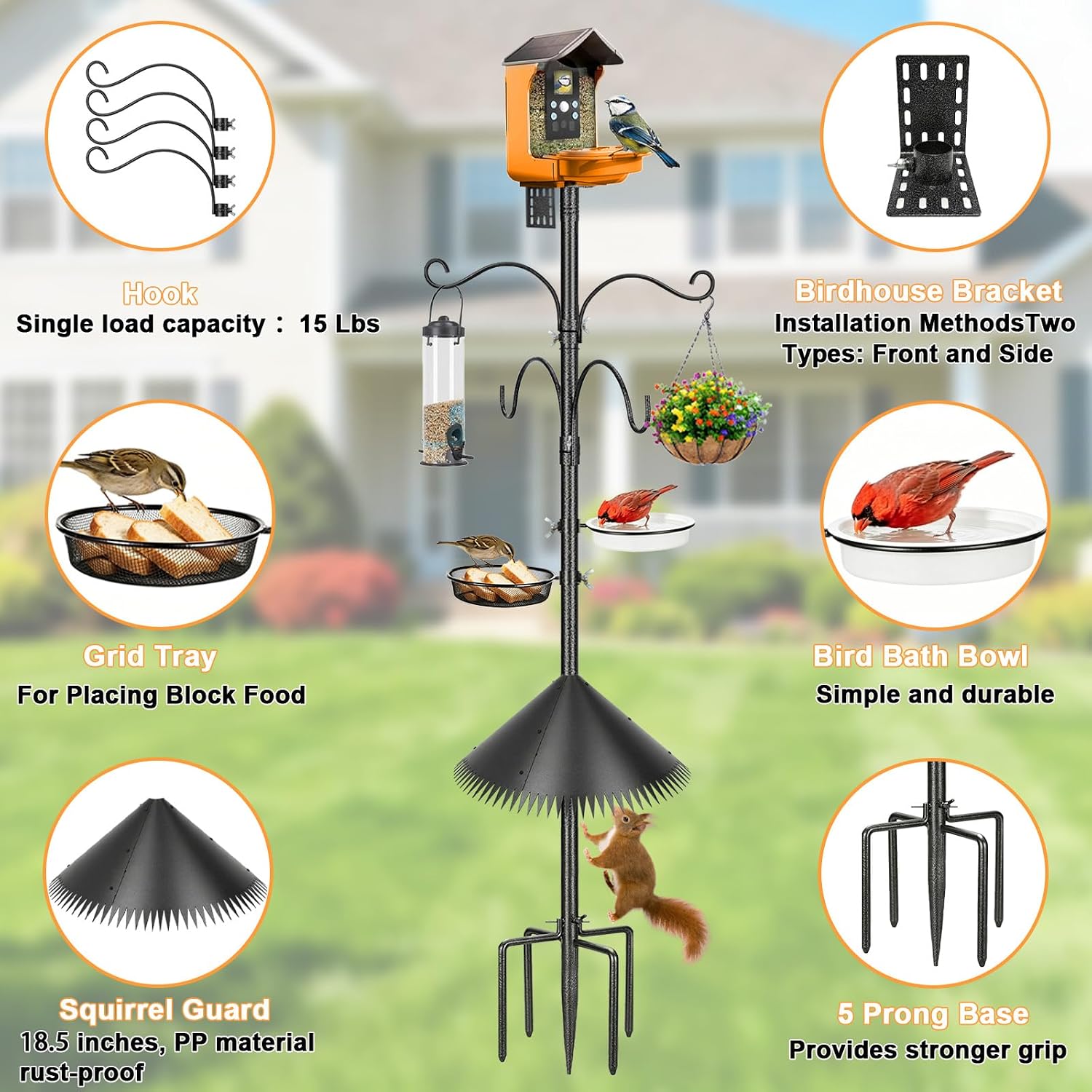 Bird Feeder Pole, 92 Inch Squirrel-Proof Bird Feeder Stand with 4 Shepherd Hooks, Water Bowl and Mesh Tray