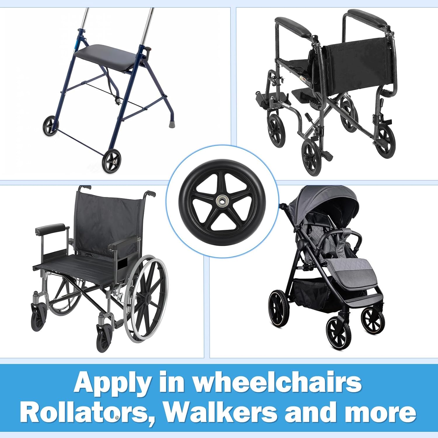 4 Pack Wheel Replacement with 4 Axles, 6 Inch Heavy-Duty Anti-Slip Solid Caster Roller Wheels for Walkers Wheelchair