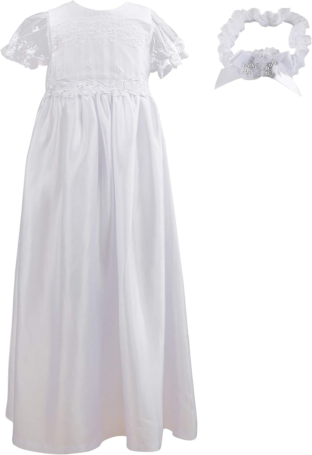 Baby Girls Baptism Christening Embroidered Gown with Headband for 0-12 Months