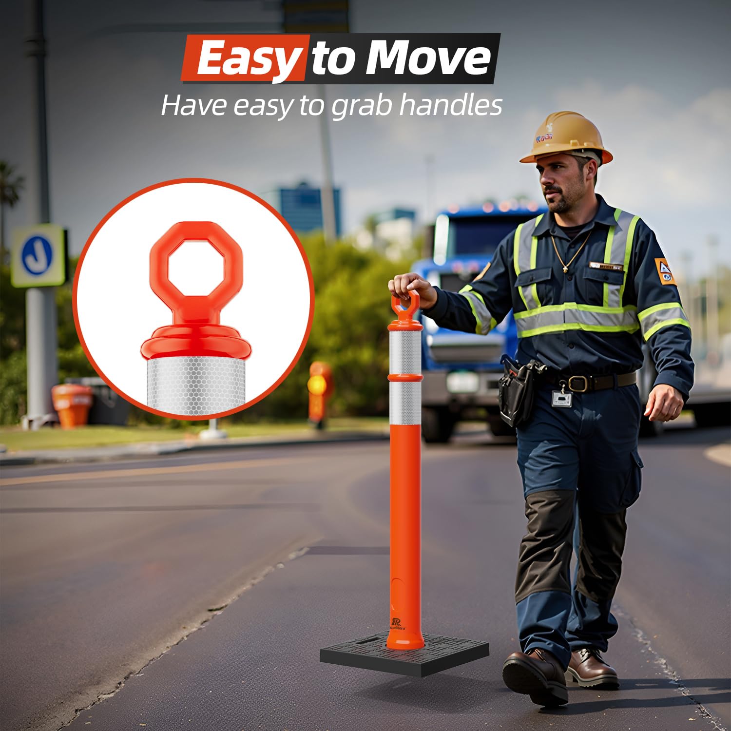 42 Inch Orange Traffic Delineator Post Cones with Base, 3 Pack | Portable Safety Traffic Posts, Reflective Collars
