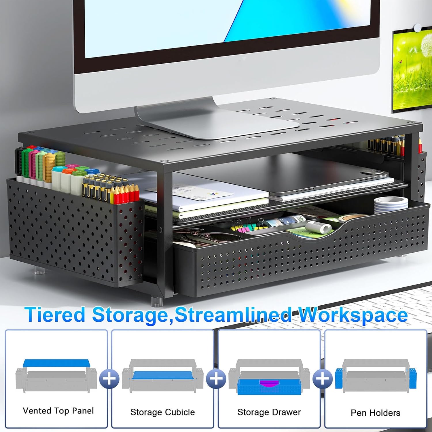 Desk Organizers and Accessories, Monitor Stand with Drawer and 2 Pen Holder, Desktop Organizer Suitable for Offices