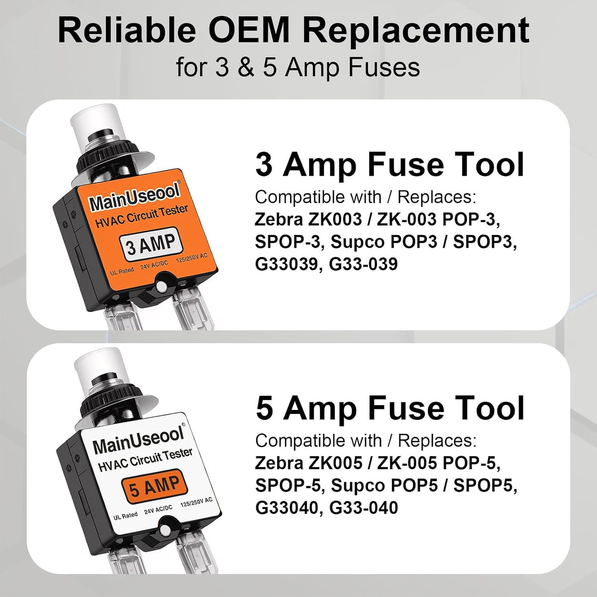 Fuse Popper HVAC, 3 AMP & 5 AMP Resettable Fuse Kit with Extra Fuses & Storage Case, Control Circuit Tester 24V AC/DC & 125/250V AC