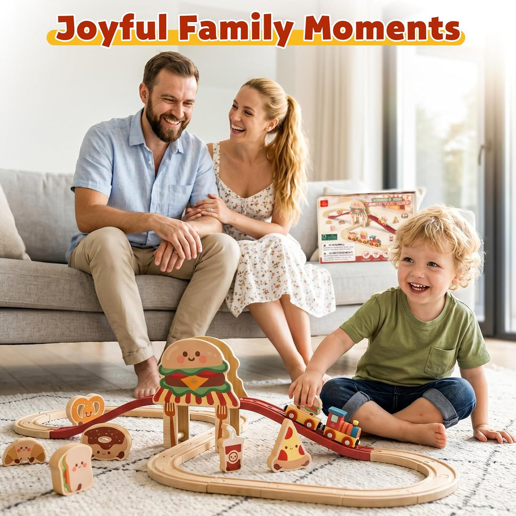 Wooden Train Set for Toddlers, Burger-Themed Train Track Set | Expandable Wooden Railway Playset, Compatible with