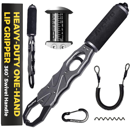 2-in-1 Fish Lip Gripper, One-Finger Operation Aluminum Alloy Fish Gripper with Scale, 60lb Weighing Fish Grabber for