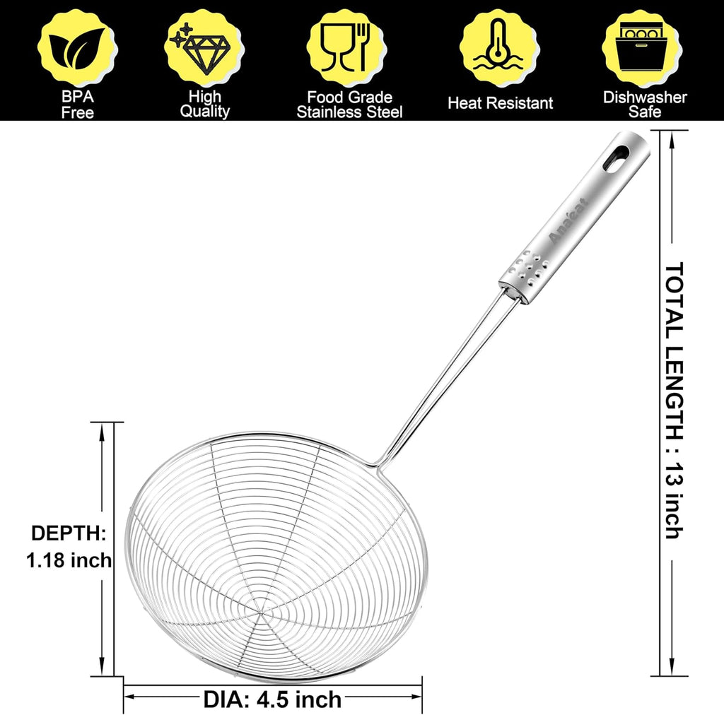 4.5" Stainless Steel Spider Skimmer, Professional Kitchen Pasta Strainer Spoon with Long Handle - Asian Strainer