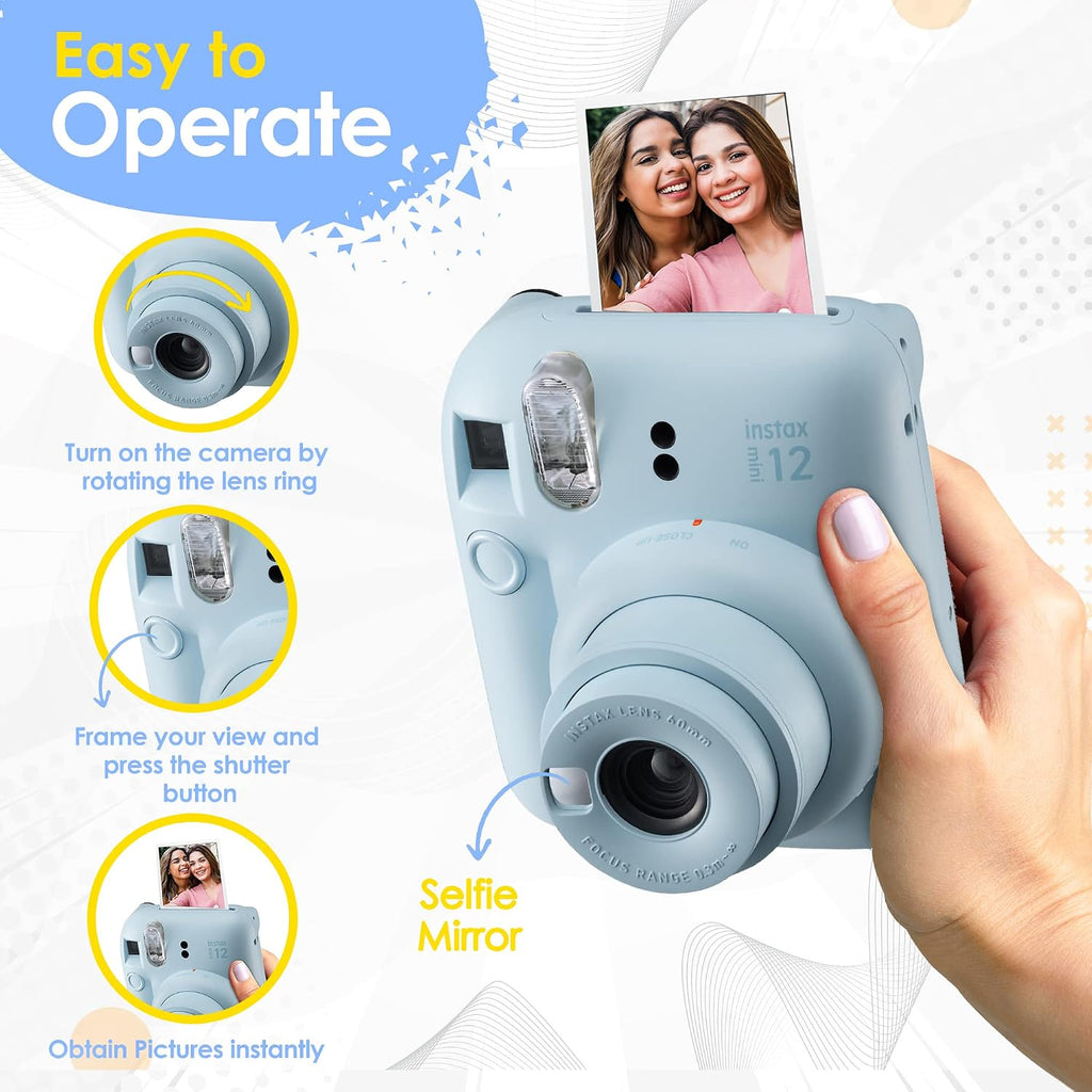 Instax Mini 12 Instant Camera Clay White & 60 Fuji Film Sheets | Bundle with Sturdy Tiger Accessories, Carrying Case