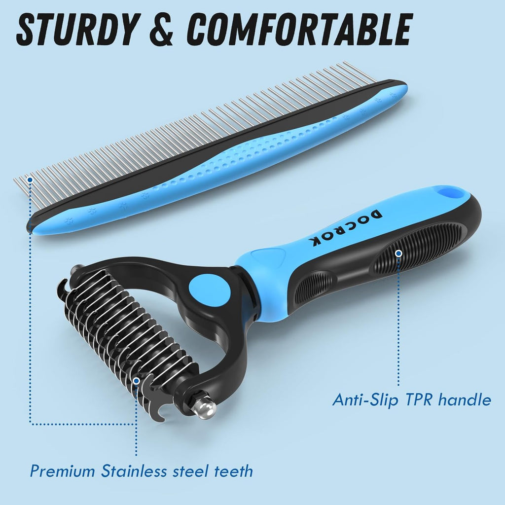 Pet Grooming Combo - Blue Deshedding Brush with Metal Comb for Detangling and Dematting Long, Matted Fur on Cats and