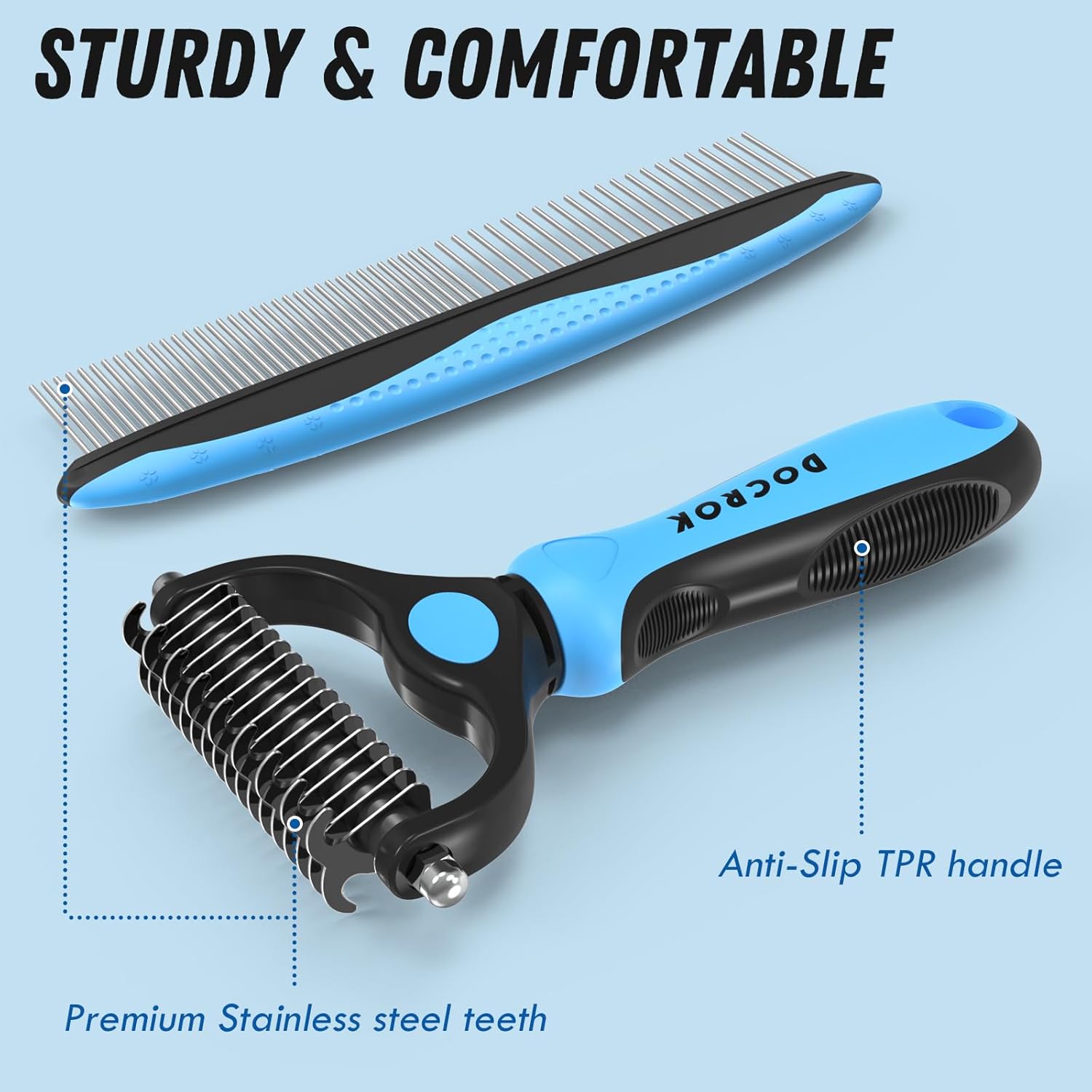 Pet Grooming Combo - Blue Deshedding Brush with Metal Comb for Detangling and Dematting Long, Matted Fur on Cats and