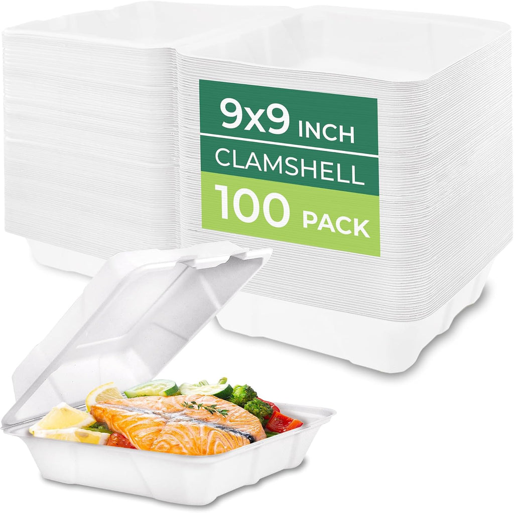 Clamshell Food Containers with Lids [9x9" 100-Pack] Disposable To Go Containers, Biodegradable Sugarcane To Go Boxes