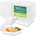 Clamshell Food Containers with Lids [9x9" 100-Pack] Disposable To Go Containers, Biodegradable Sugarcane To Go Boxes