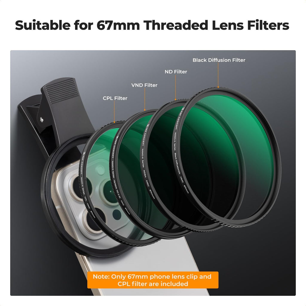 67mm Clip-on CPL Phone Camera Lens Filter Kit | Circular Polarizer Polarizing Filter Compatible with iPhone 17 16 15