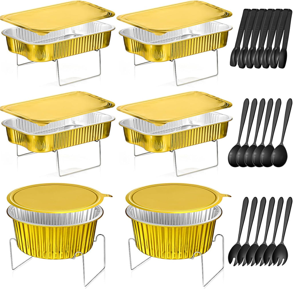 30 Pcs 6 Sets Disposable Chafing Dishes Buffet Server Food Warmer Chafing Dish Set with Rectangle and Round Chafer