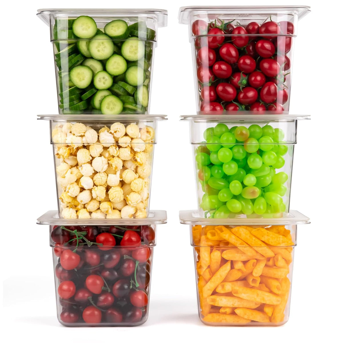 6 Pack Plastic Food Pan with Lids 1/6 Size 6 Inch Deep