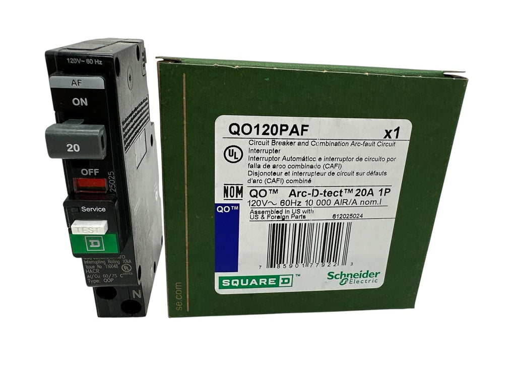 Square D QO120PAF (New Version of QO120PCAFI) Circuit Breaker, QO, 20 AMPS, 1 Pole, 120VAC, 10kA, Combo arc Fault, Plug on Neutral, Plug in Mount, UL Listed