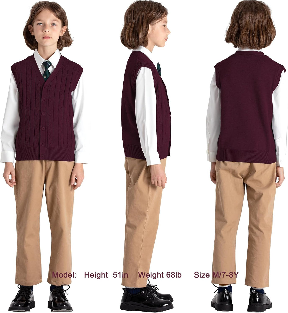Boys Sweater Vest 100% Cotton Kids Button Cardigan School Uniform | Sleeveless V-Neck Sweater Pullover Cable Knit