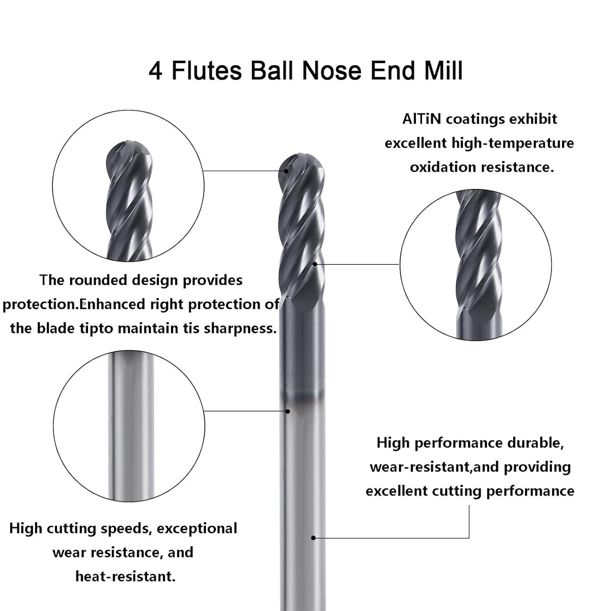 1/2" 4-Flute Ball Nose End Mill, AlTiN Coated Carbide 1Pcs