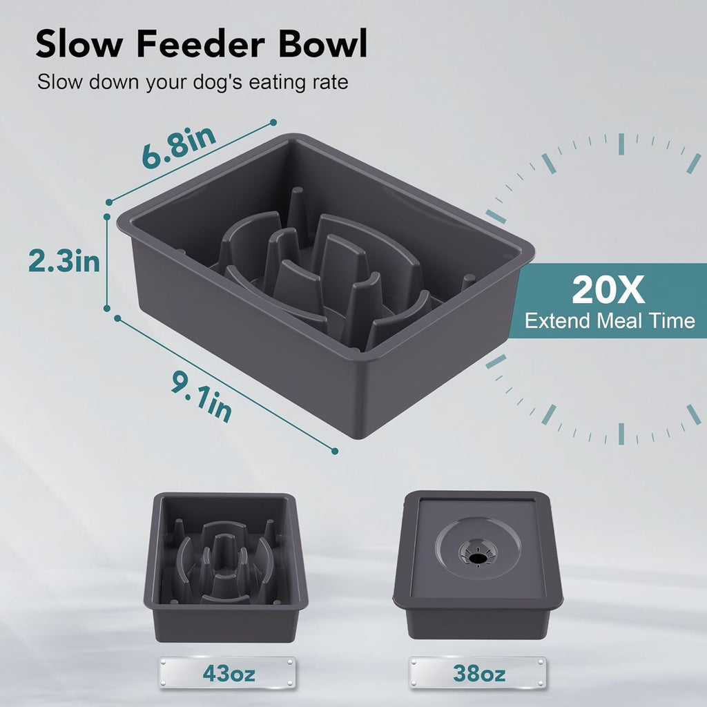 2-in-1 Elevated Dog Bowls Slow Feeder, 4 Height Adjustable Raised Bowl Stand, No Spill Dog Water Bowls, Anti-Slip