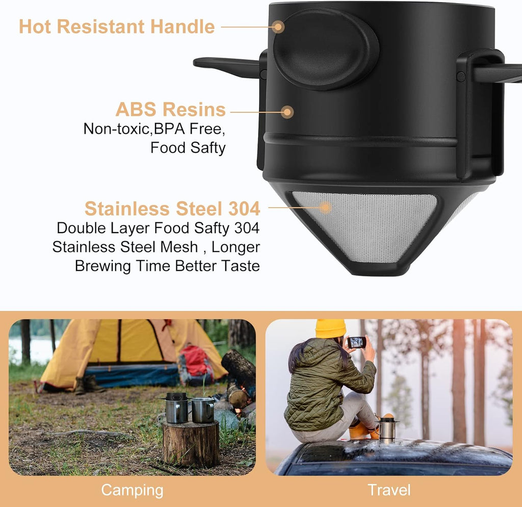 Pour Over Coffee Maker,Portable Stainless Steel Reusable Coffee Filter, Mini Collapsible Paperless Single Serve 1 Cup